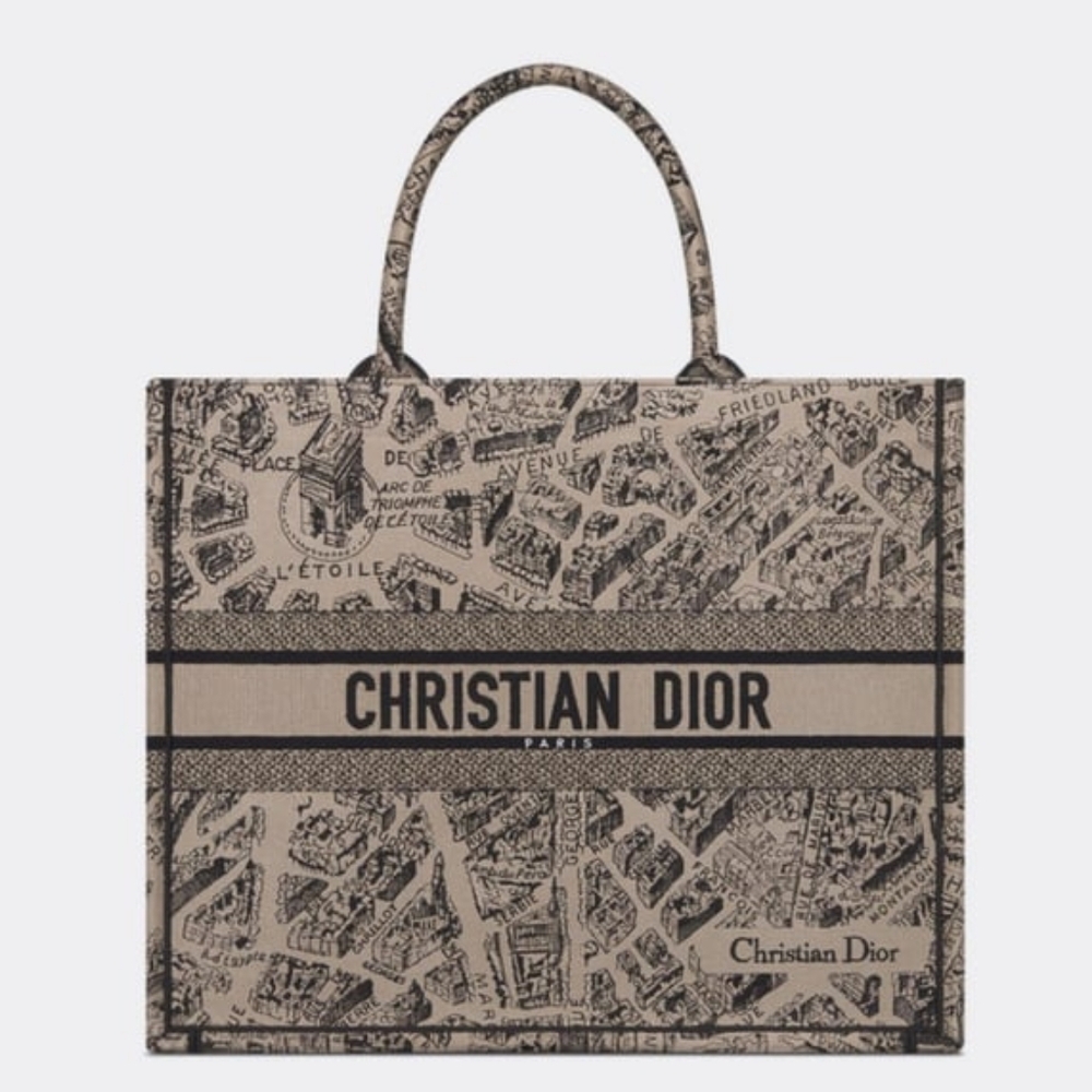 Dior Beige and Black Book Tote with Paris Map Print